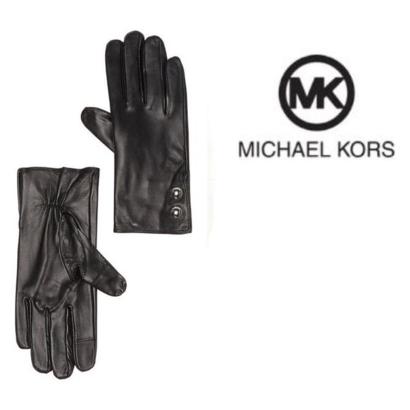 Michael Kors Womens Black Leather Silver Logo Dome Button Gloves Sz L NWT - Picture 1 of 6
